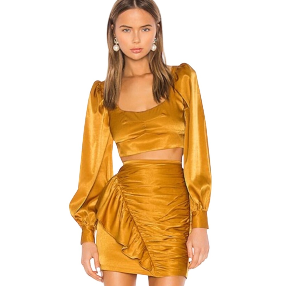 Camila Coelho Golden Ochre Satin Ruched Mini Skirt Crop Top Set S